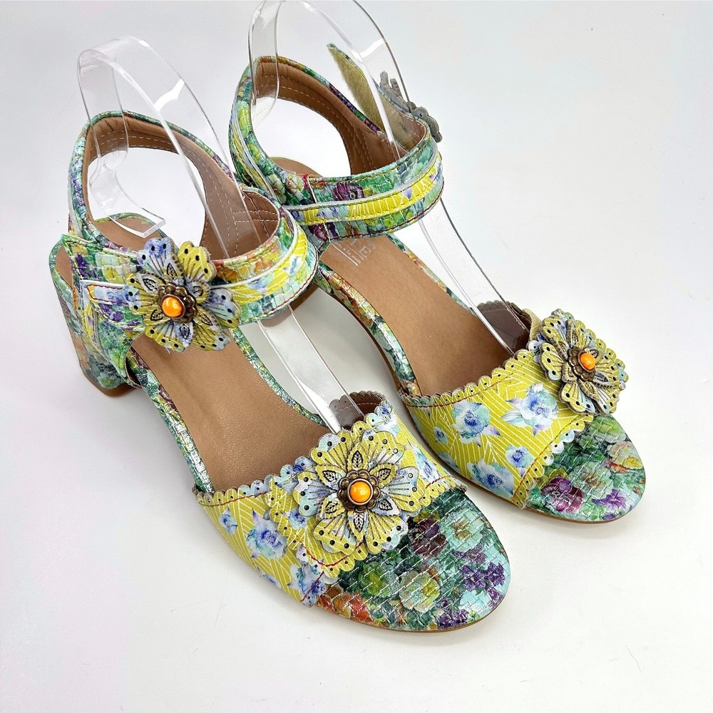 L'Artiste Spring Step Voguesh Floral Leather Block Heel Sandals 39 US 8.5 Boho